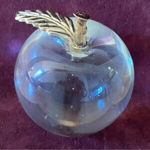 Vintage Clear Glass Apple Paperweight With Golf Metal Leaf